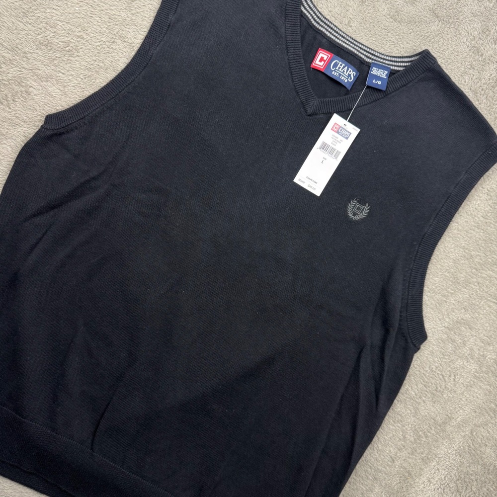Chaps Sweater Vest Mens L Black New Vintage 90s Cotton V-Neck Embroidered Logo
